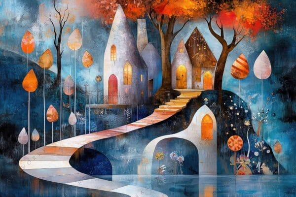 Surreal digital painting of whimsical houses and trees in blue and orange tones.