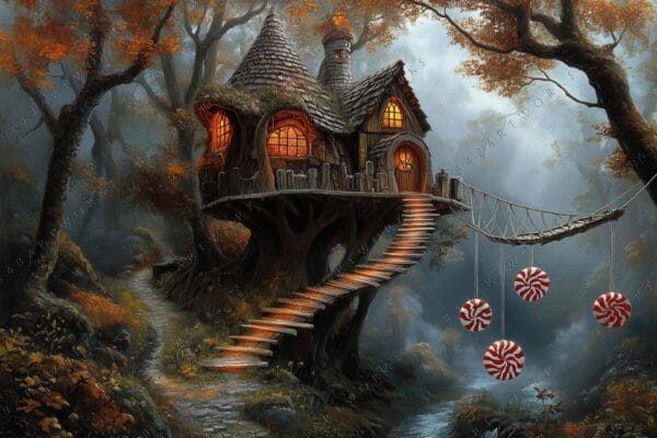 Fantasy digital painting of a whimsical treehouse in an enchanting, misty autumn forest.