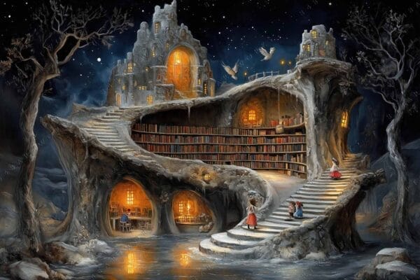 Surreal digital painting of a whimsical library in tree trunks, glowing warmly at night.