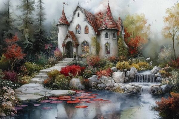 Fairy tale digital painting of a whimsical cottage with vibrant garden and pond.