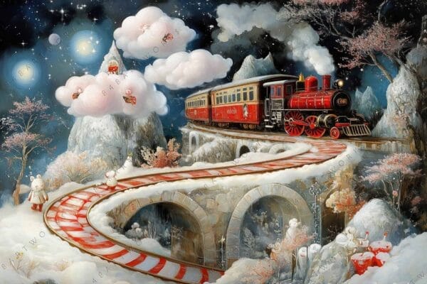 Whimsical digital art of a red train on snowy tracks with celestial background.