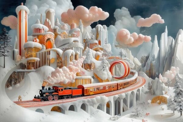 Surreal digital painting of a snow-covered fantasy city with a red train.