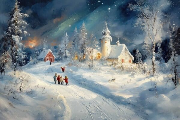 Winter landscape painting of snowy village with glowing houses and children playing in snow.
