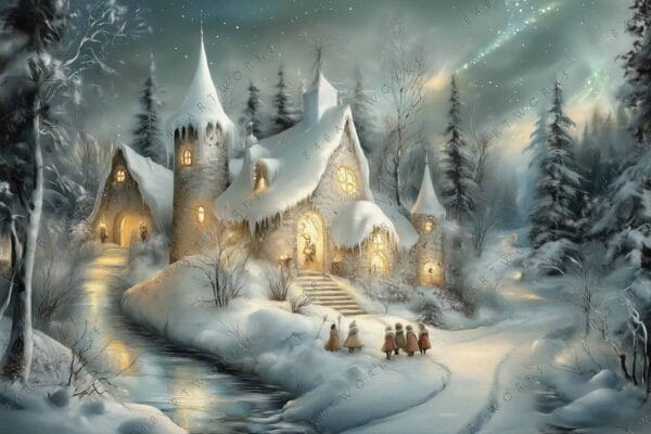 Fantasy digital art of a snow-covered cottage with glowing windows in a winter forest.