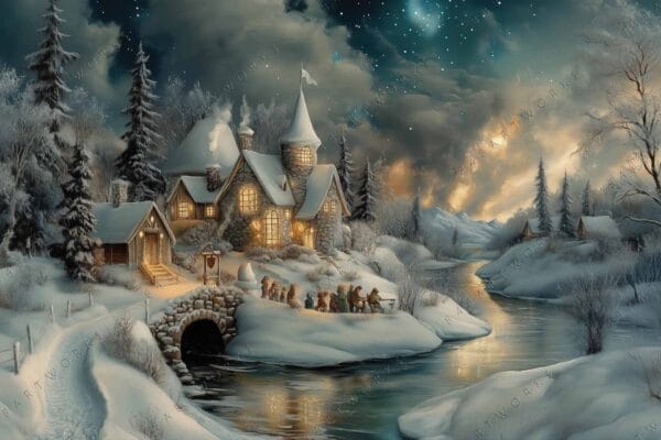 Winter landscape painting of a cozy cottage beside a snowy riverbank at dusk.
