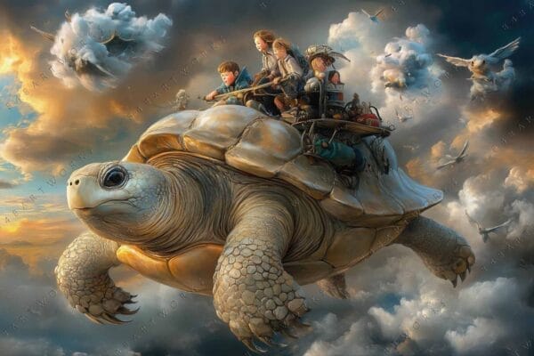"Fantasy digital painting of children riding a giant turtle through cloudy skies."