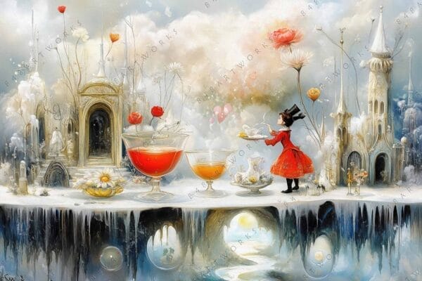 Surreal digital painting of fantasy landscape with whimsical architecture and giant cups of tea.