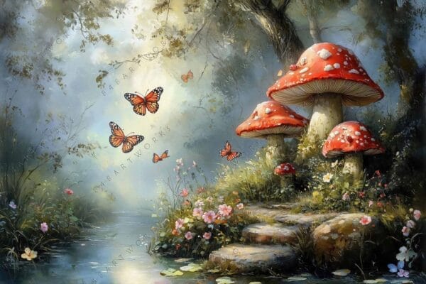 Fantasy digital painting of mushrooms, butterflies, and a tranquil forest scene in earthy tones.