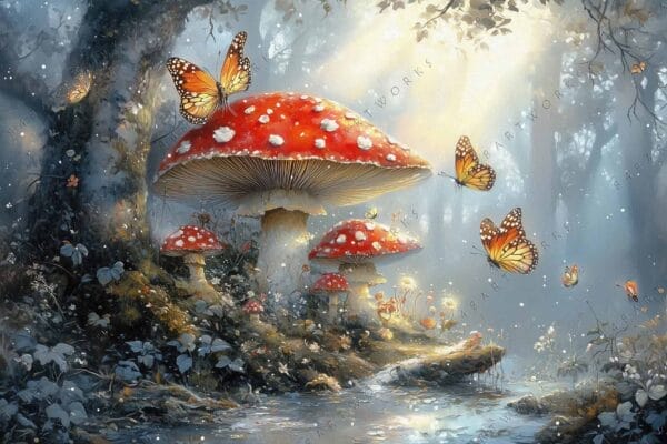 Fantasy digital painting of mushrooms and butterflies in a mystical forest scene.