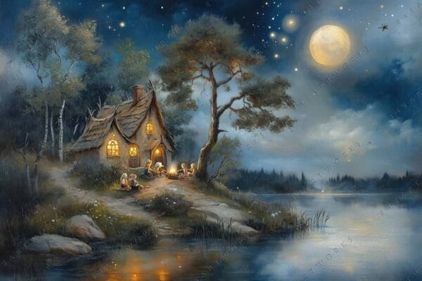 Fairy-tale painting of a cottage by a moonlit lake, blue and yellow tones.