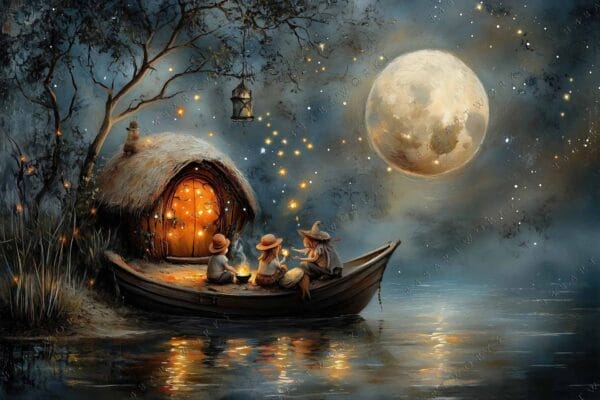 Children on a boat under moonlight in magical fantasy digital painting.
