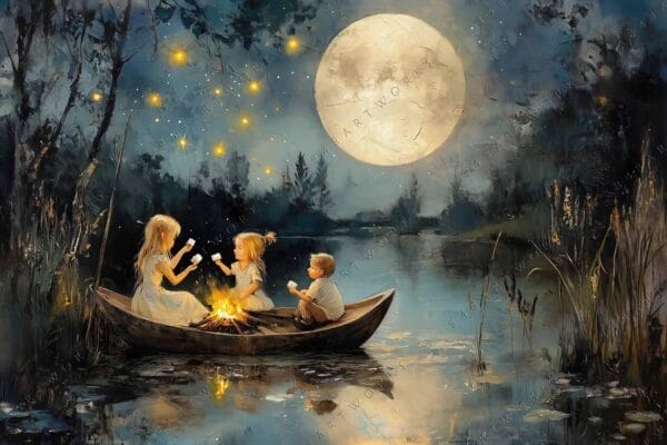 Romantic digital painting of children roasting marshmallows in a boat under a full moon.