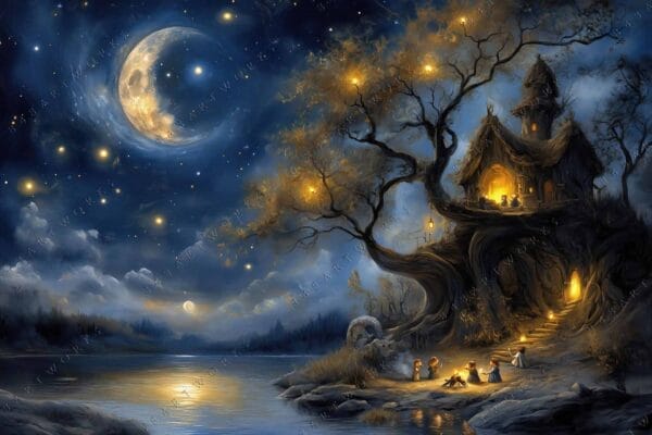 Whimsical digital art of treehouse under a starry night sky with a crescent moon.