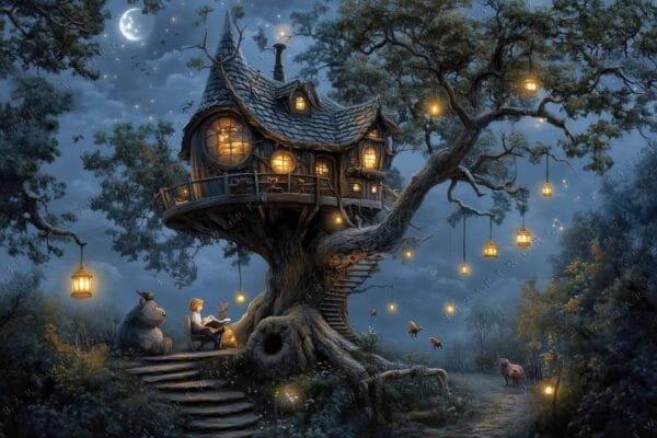 "Fantasy digital painting of a whimsical treehouse at night with glowing lanterns."
