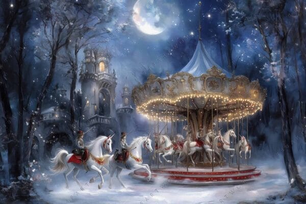 "Digital painting of a whimsical carousel in a moonlit forest with snow-covered trees."