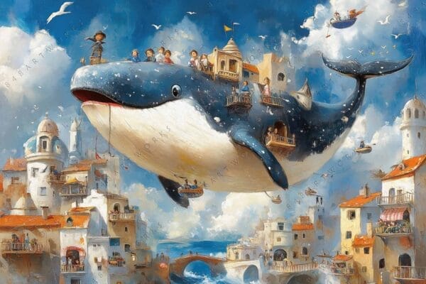 Whimsical digital painting of a whale carrying children through a fantasy seaside town.