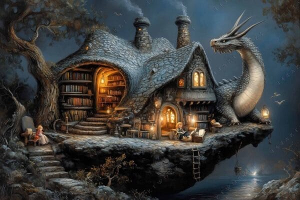 "Fantasy art of a cozy, stone library house with a dragon by a lake."