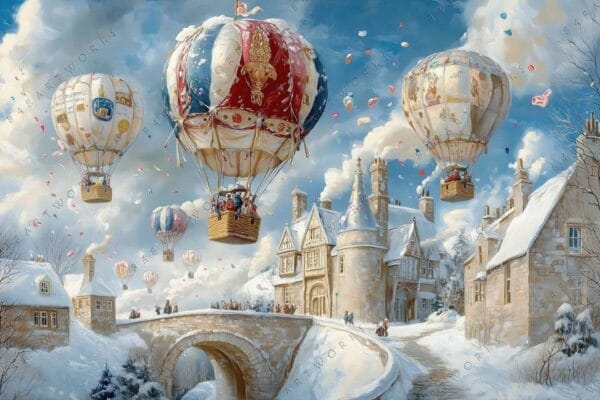 "Whimsical painting of hot air balloons over snowy village in bright blue sky."