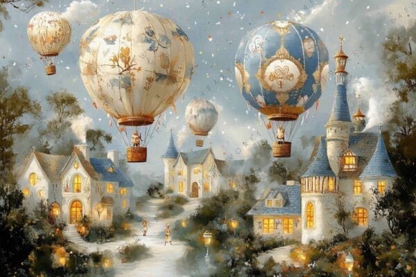 Whimsical digital painting of hot air balloons over a fairy-tale village in soft colors.