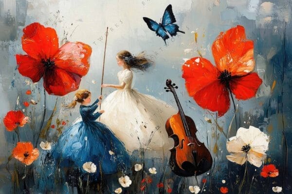 "Digital painting of two girls in dresses, giant poppies, violin, and butterfly."