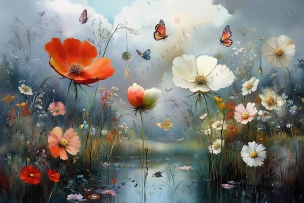 Digital painting of colorful wildflowers and butterflies over a serene pond in soft tones.