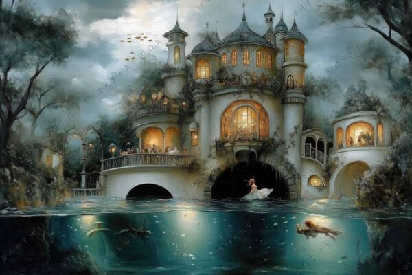 Whimsical digital painting of a fairy-tale castle with underwater scene in teal hues.