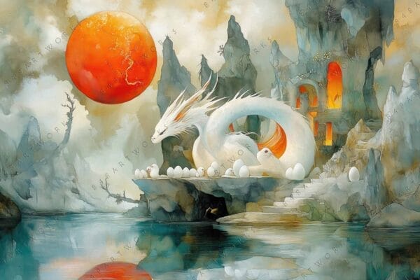Fantasy digital painting of a white dragon and eggs beneath an orange moon.