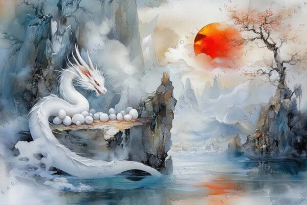 Fantasy digital painting of a white dragon guarding eggs in misty mountains.