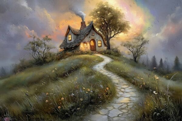 Quaint cottage illustration set on a grassy hill with a winding stone path.