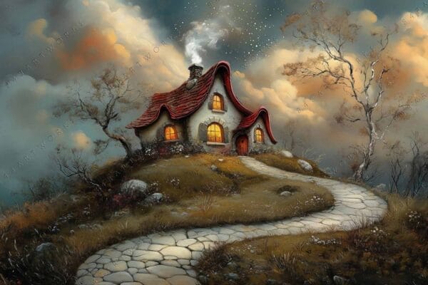 Fantasy digital painting of a whimsical cottage with glowing windows and a winding path.