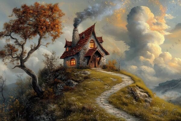 Fairy-tale digital painting of a cottage with a winding path, surrounded by clouds.