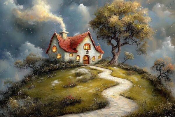 Fairy tale digital painting of a cottage with a red roof and glowing windows.
