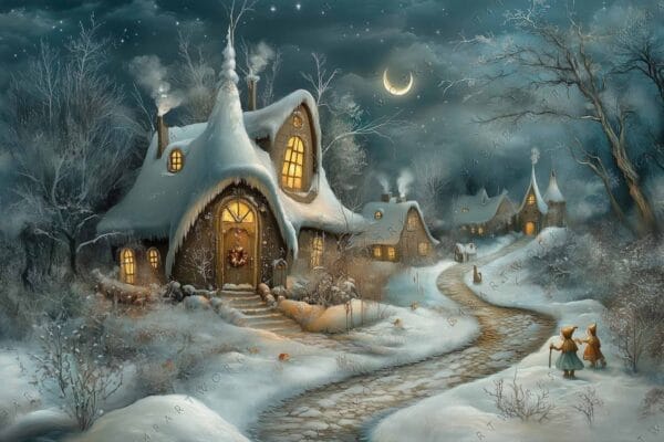 Fairy tale digital painting of snowy village at night with crescent moon and glowing windows.