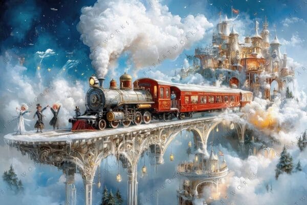 Surreal digital art of a vintage train on a whimsical bridge, snowy clouds surrounding.