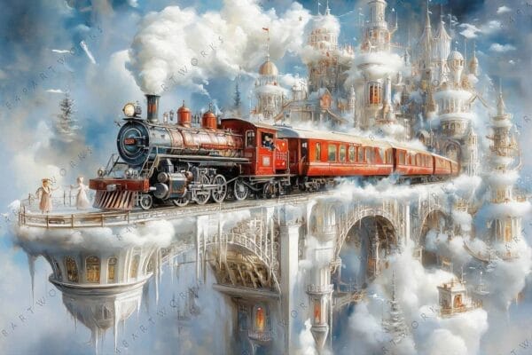 Steampunk digital painting of a red train on a cloud bridge with a fantasy city.