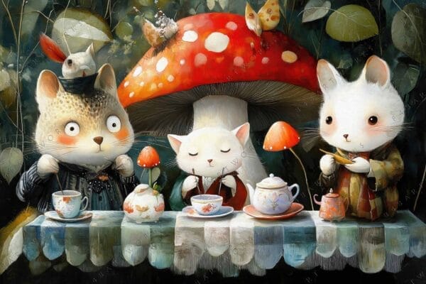 Whimsical digital painting of anthropomorphic cats having tea under a large red mushroom.