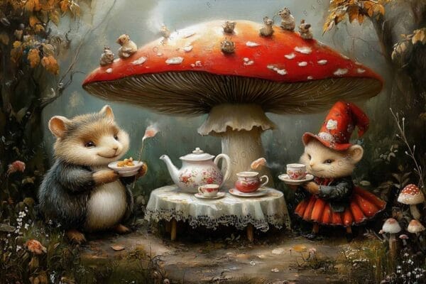 Fantasy digital art of mice having tea under a giant red mushroom.