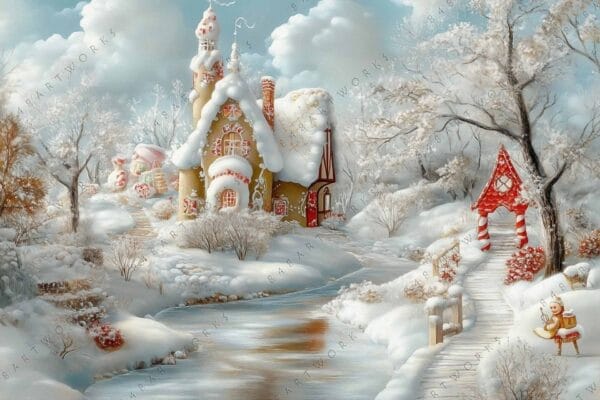 "Whimsical digital painting of a snowy gingerbread house in a winter wonderland."