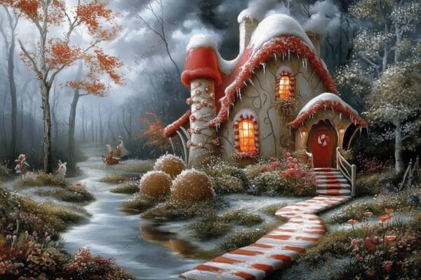 Whimsical digital painting of a gingerbread house in a snowy, enchanted forest.