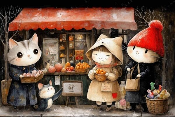 Whimsical digital painting of anthropomorphic cats in winter attire outside a fruit shop.