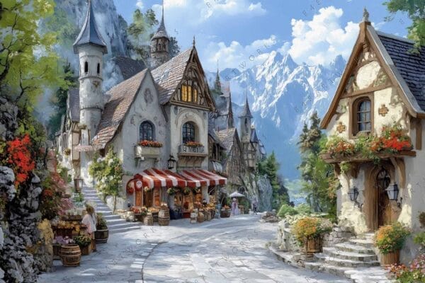 Painting of a quaint village with stone houses and mountain backdrop, in vibrant colors.