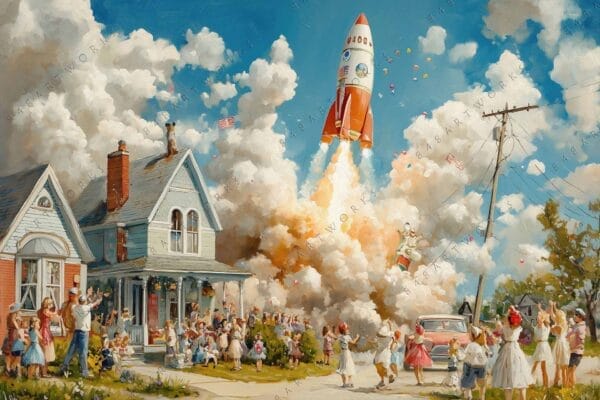 Surreal painting of a vintage rocket launch with jubilant crowd and colorful smoke.