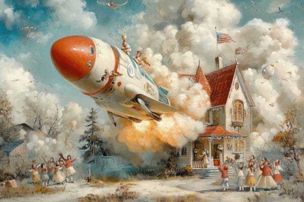 "Whimsical digital painting of a rocket launching near a quaint house, children watching."