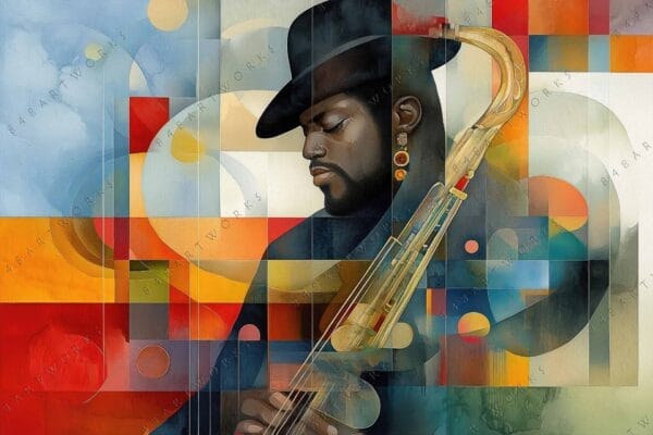 "Geometric digital art of a saxophonist in vibrant blue, red, and yellow tones."