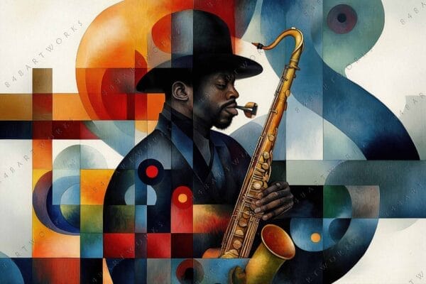 Abstract digital painting of a saxophonist with geometric shapes in blue and orange tones.