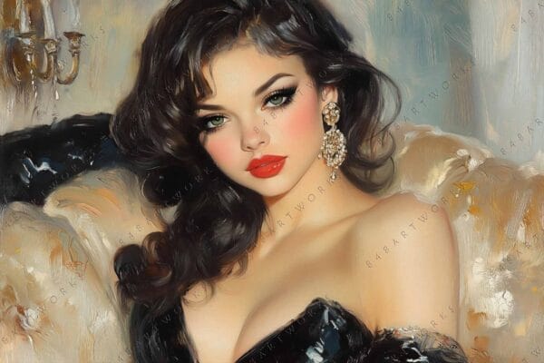 Oil painting of a woman with dark hair and red lips, wearing elegant jewelry.