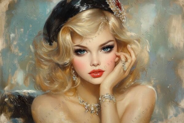 "Digital painting of a glamorous woman with blonde hair and red lips against abstract background."