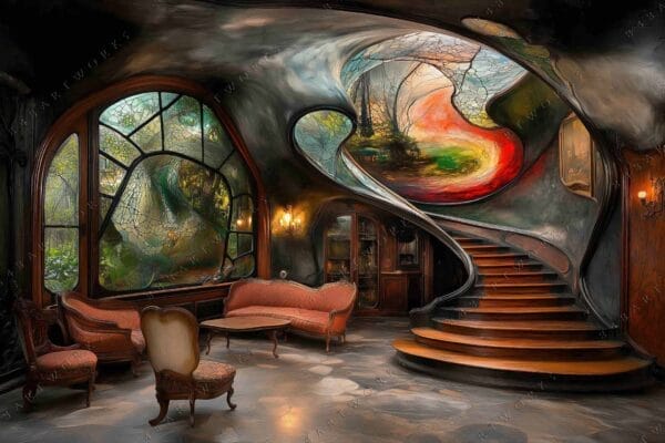 "Digital art of an ornate, curved staircase with stained-glass windows in warm tones."