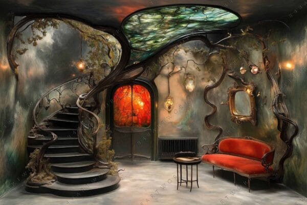 Art Nouveau-style digital artwork featuring whimsical staircase, red sofa, and stained glass details.