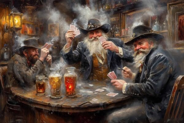Oil painting depicting three men with hats playing cards in a smoky tavern.